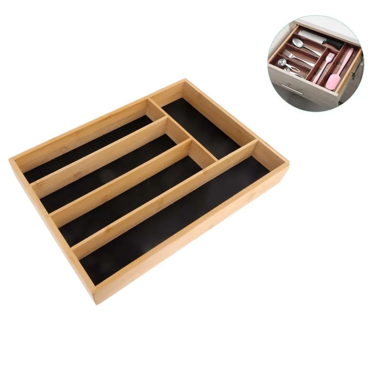 GENERICO - Caja Bambú, Fondo Negro, 5 Compartimentos Para Cubierto