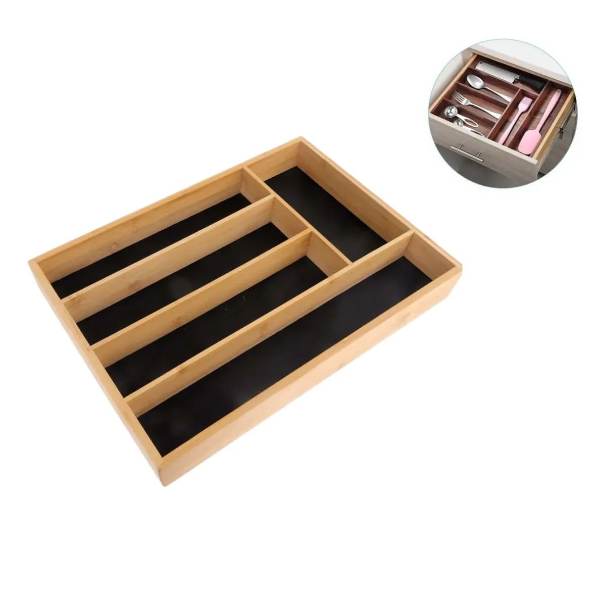 GENERICO - Caja Bambú, Fondo Negro, 5 Compartimentos Para Cubierto