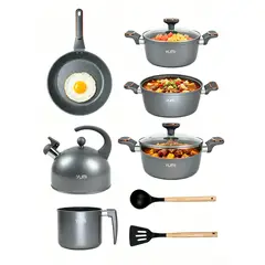 GENERICO - Batería de Cocina Antiadherente 11 Pzs Juego de Ollas con Tetera Mármol Negro Gris