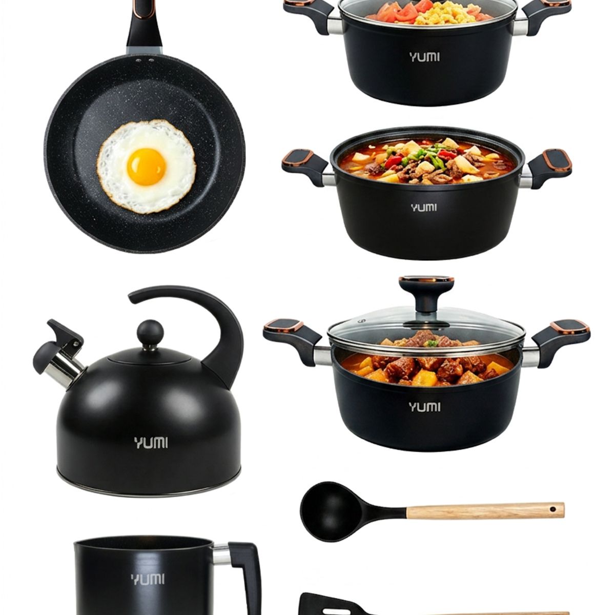 GENERICO - Batería de Cocina Antiadherente 11 Pzs Juego de Ollas con Tetera Mármol Negro Gris
