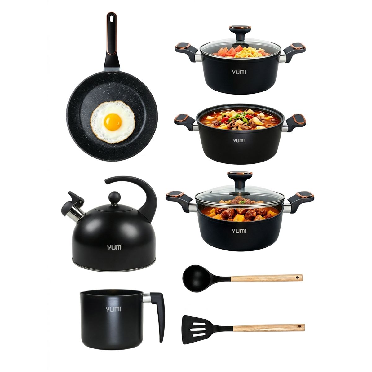 GENERICO - Batería de Cocina Antiadherente 11 Pzs Juego de Ollas con Tetera Mármol Negro Gris