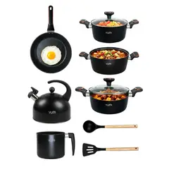 GENERICO - Batería de Cocina Antiadherente 11 Pzs Juego de Ollas con Tetera Mármol Negro Gris