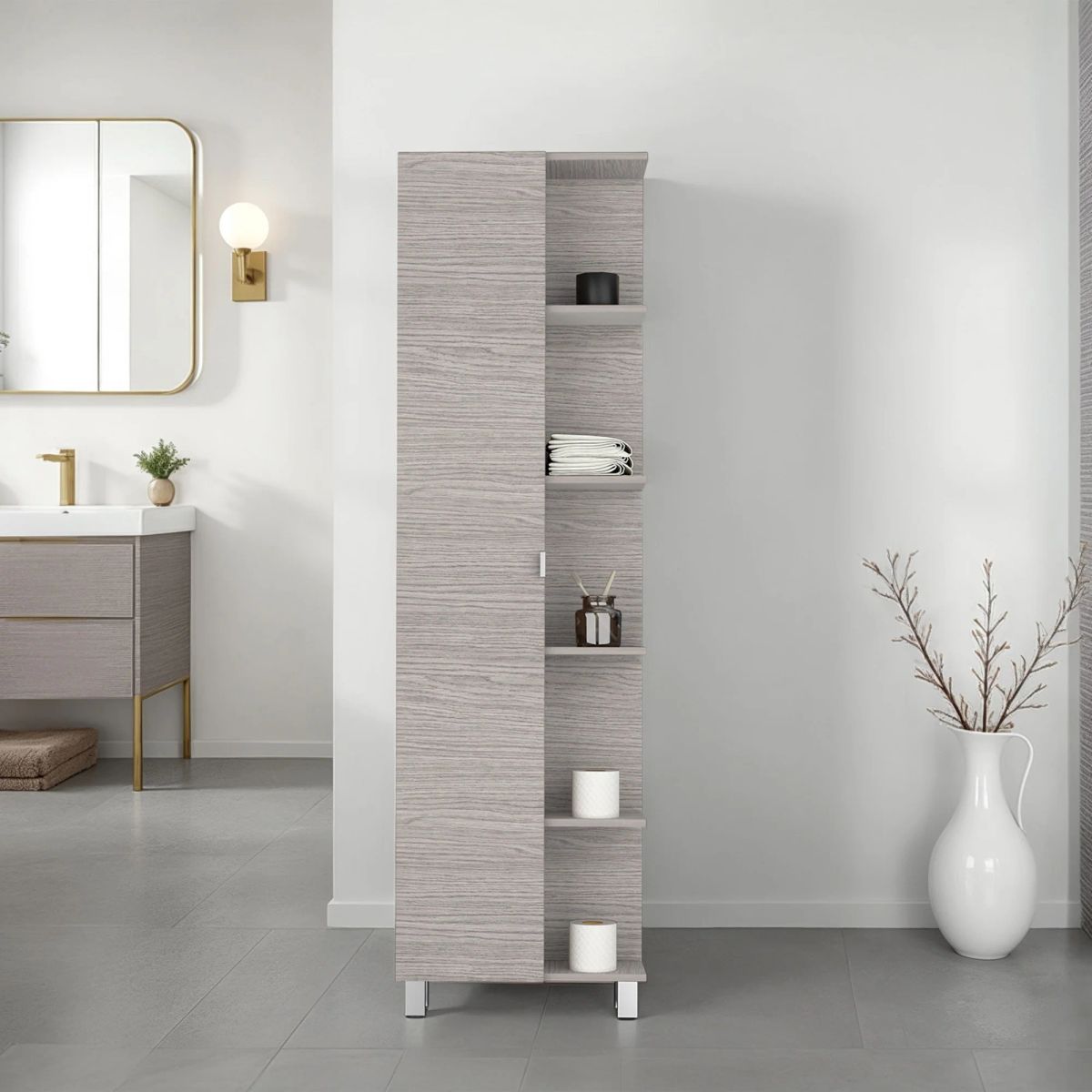 TUHOME - ESTANTE ALTO DE BAÑO 1 PUERTA BATH 178X51,2X21,5 CM POSITANO Y BLANCO