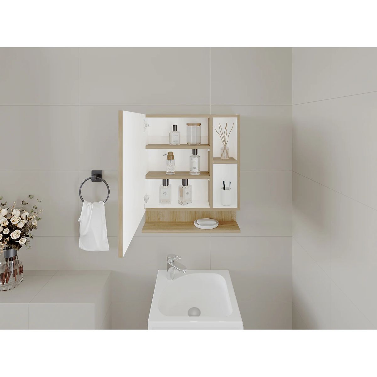 TUHOME - BOTIQUIN 1 PUERTA CON ESPEJO CHLOE 61,6X51,2X12,4 CM FRESNO Y BLANCO