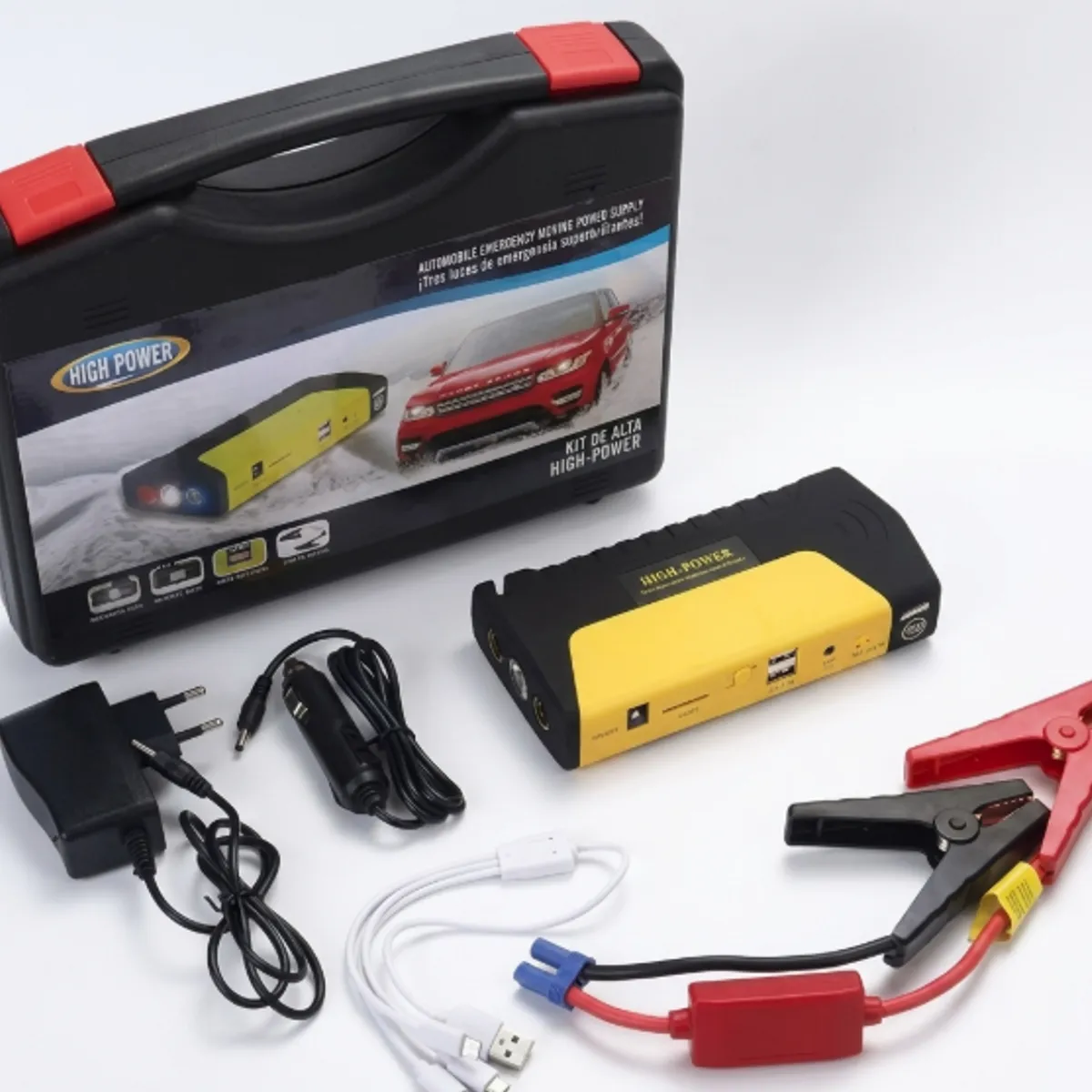 TASBEL - Kit Partidor Bateria Auto Jump Starter Portatil Power Bank USB Linterna Emergencia Maletin