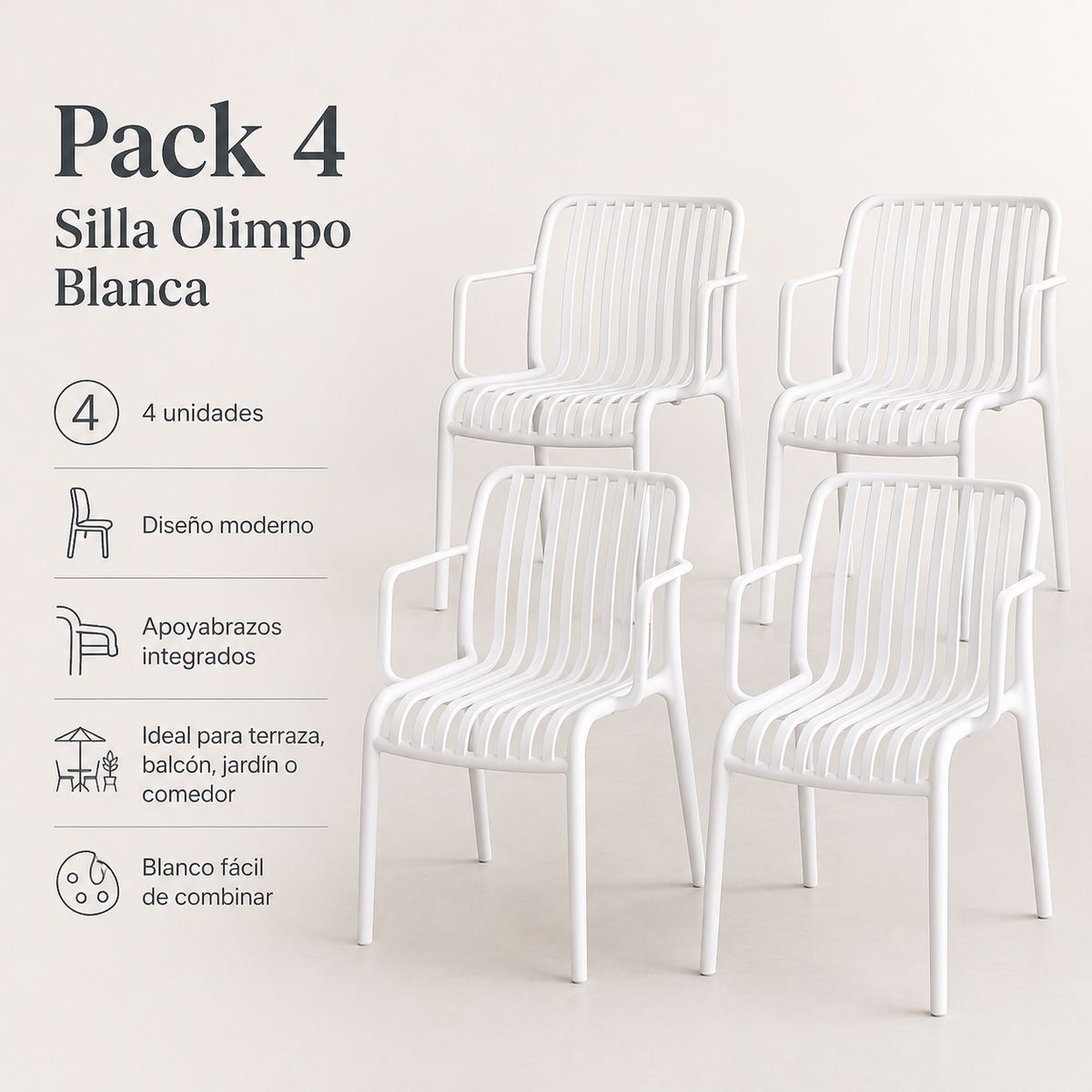 SPACE HOME - Sillas Olimpo Blancas Pack 4 Con Brazos 80x54x45 Cm