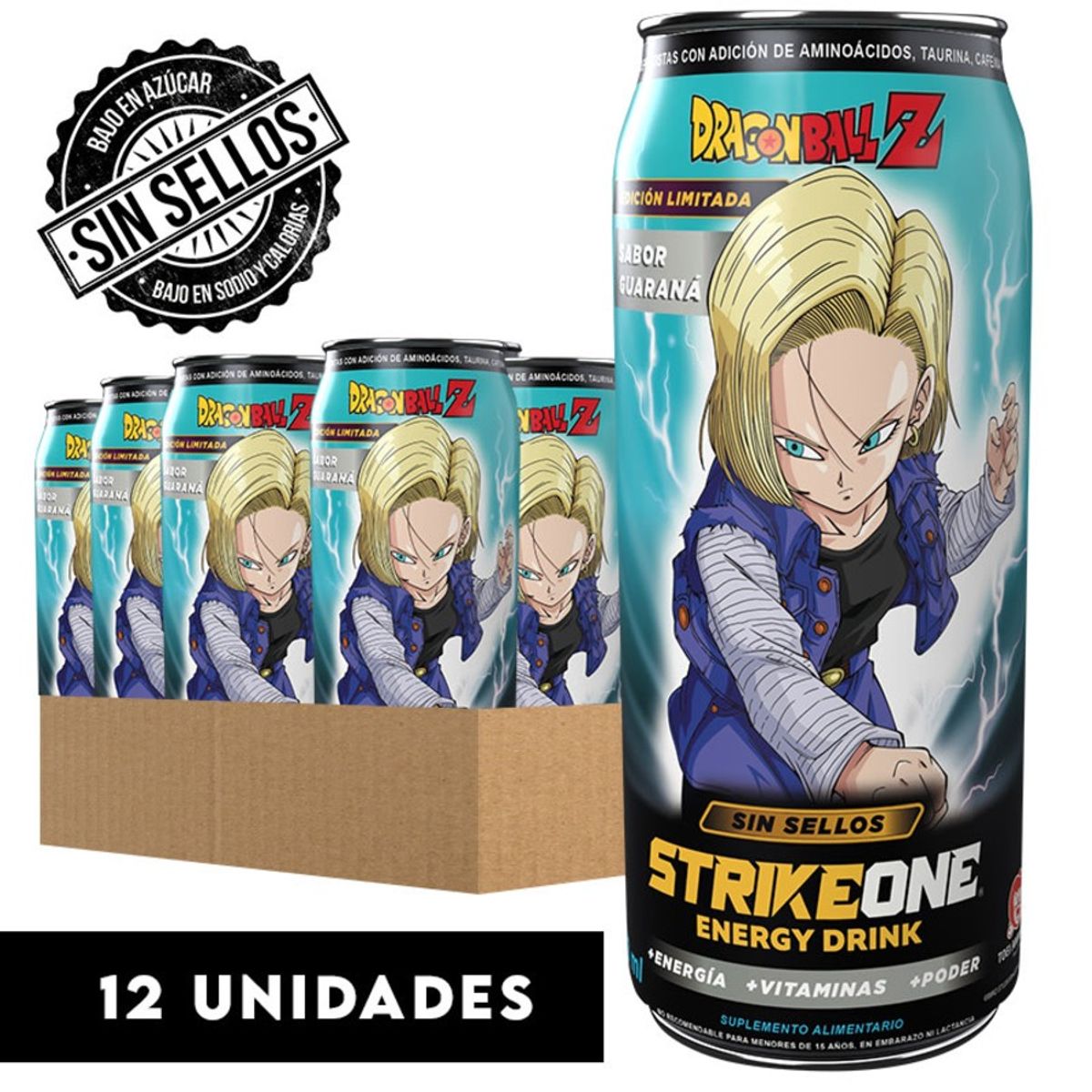 STRIKE ONE - PACK 12 ENERGETICAS STRIKE ONE ENERGY DRINK DRAGON BALL GUARANA/ ANDROIDE 18 - STRIKEONE