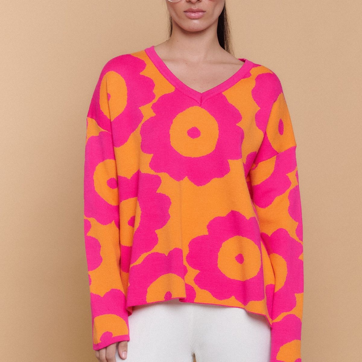 GUINDA - Sweater Mujer Oversize Cuello V Diseño Floral CANVAS