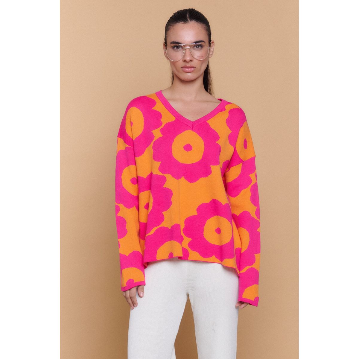 GUINDA - Sweater Mujer Oversize Cuello V Diseño Floral CANVAS