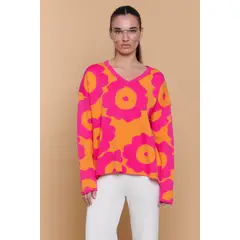 GUINDA - Sweater Mujer Oversize Cuello V Diseño Floral CANVAS