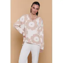GUINDA - Sweater Mujer Oversize Cuello V Diseño Floral CANVAS