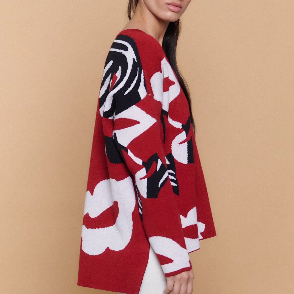 GUINDA - Sweater Mujer Oversize Cuello V Estampado Moderno LINA