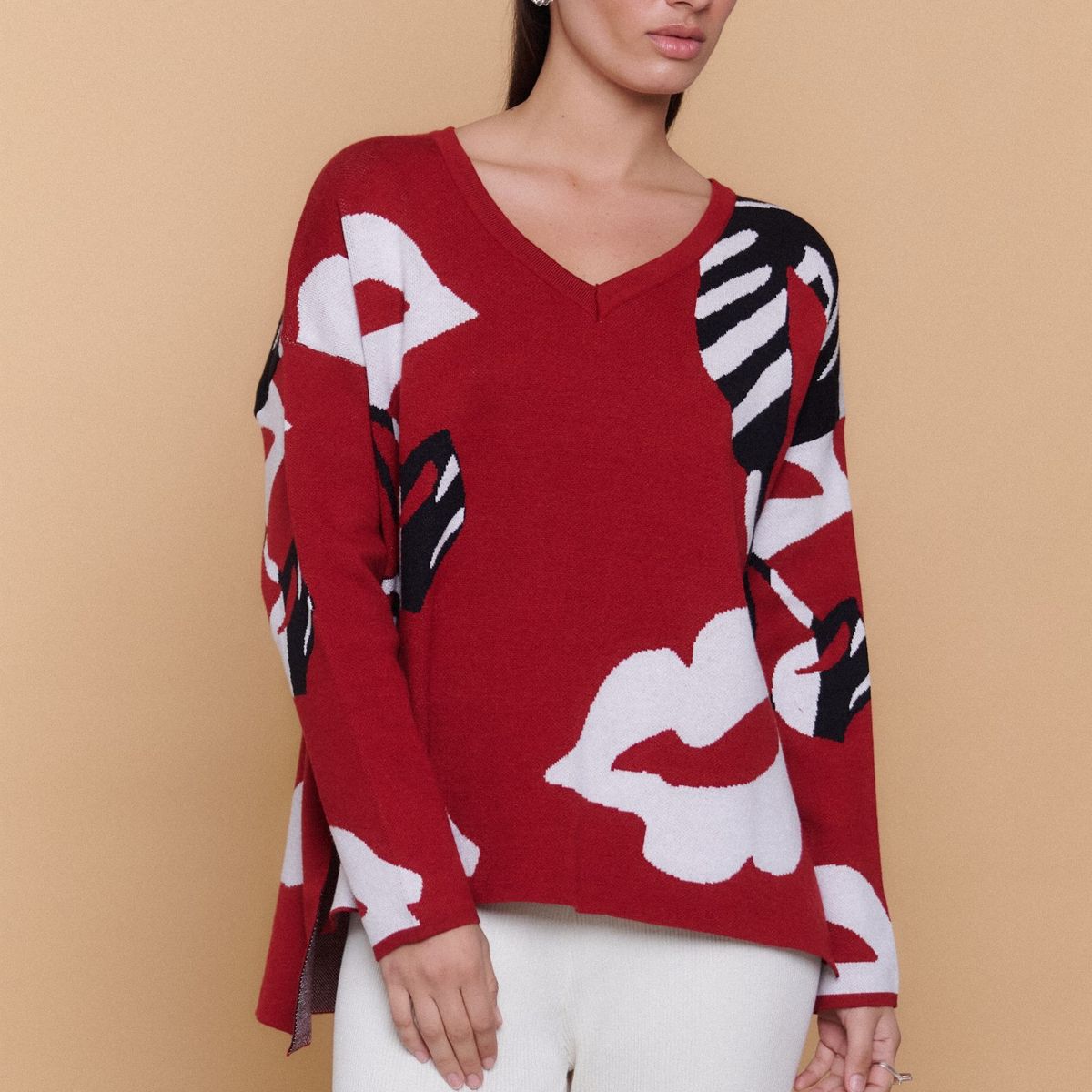 GUINDA - Sweater Mujer Oversize Cuello V Estampado Moderno LINA