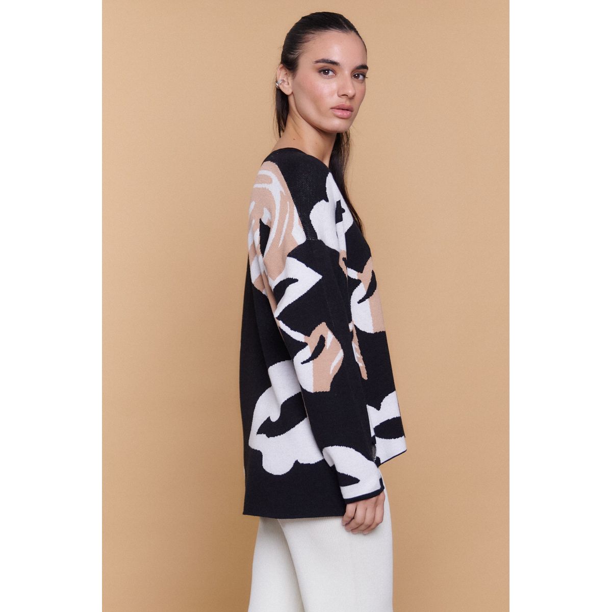 GUINDA - Sweater Mujer Oversize Cuello V Estampado Moderno LINA