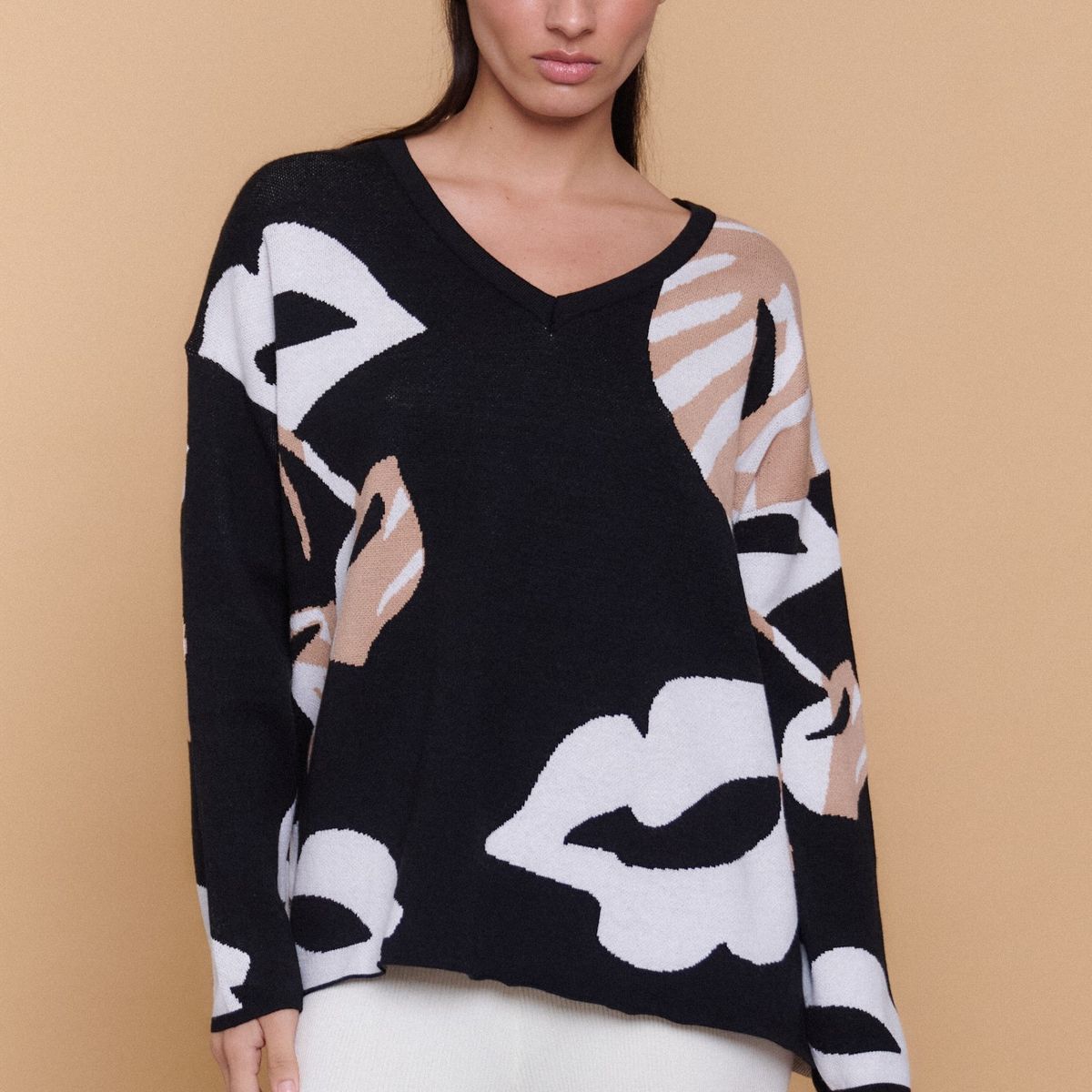 GUINDA - Sweater Mujer Oversize Cuello V Estampado Moderno LINA
