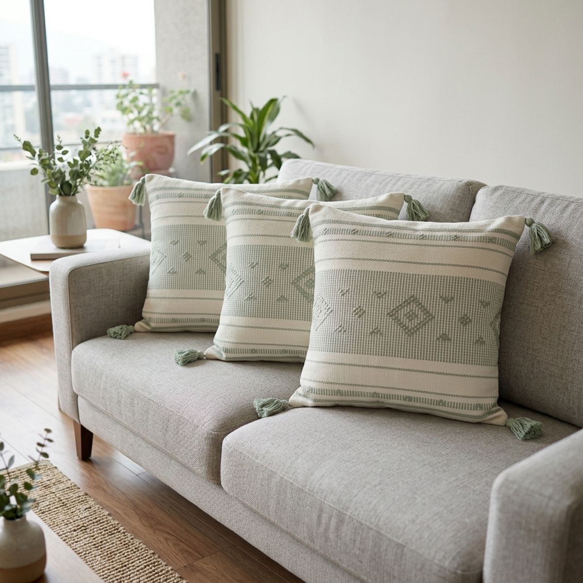 ARMONIA - Pack 3 Fundas Croche Borlas Verde 750 Decoración Ambiente Comodidad