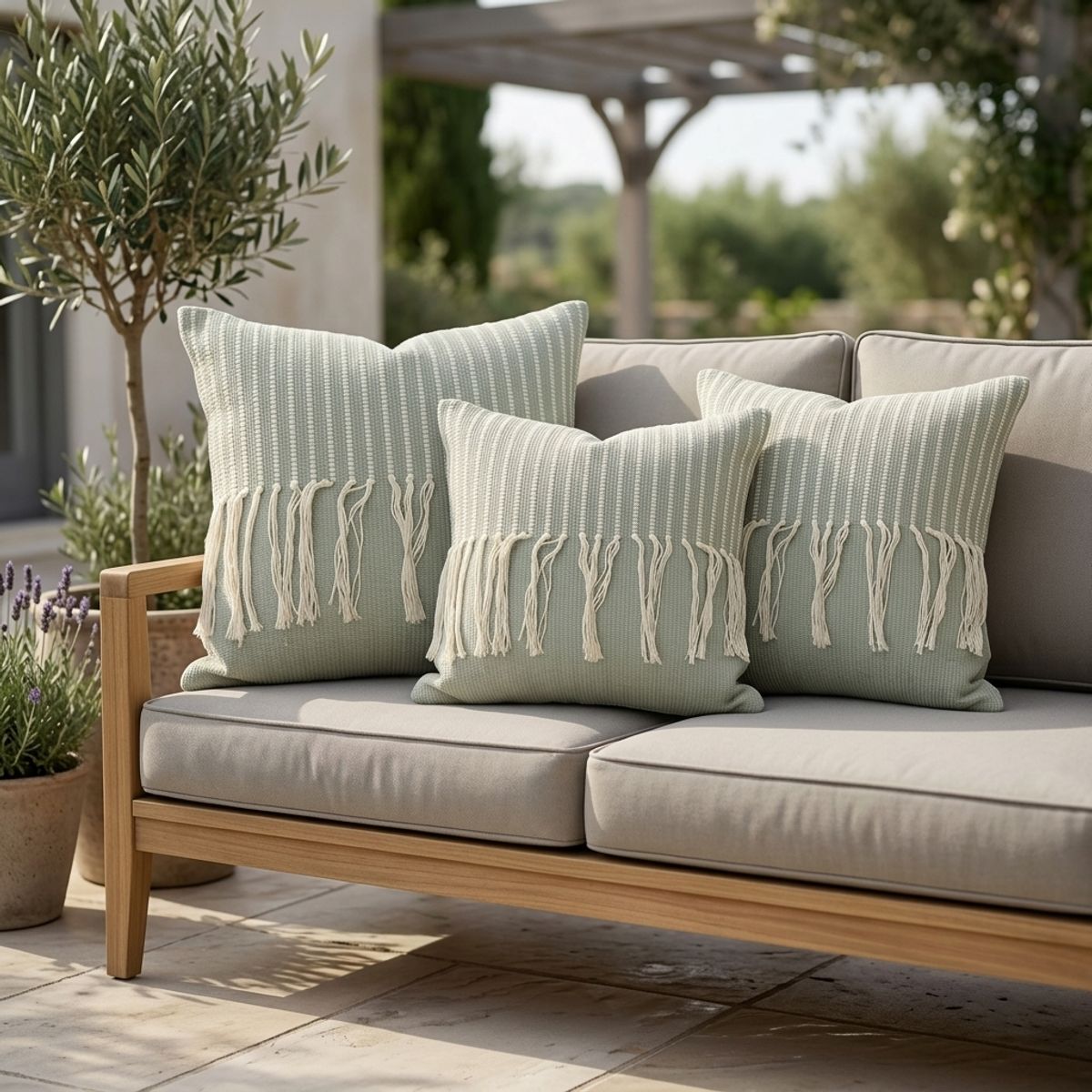 ARMONIA - Pack 3 Fundas Cojín Croché Flecos Verde 45x45 Decoración Living 608