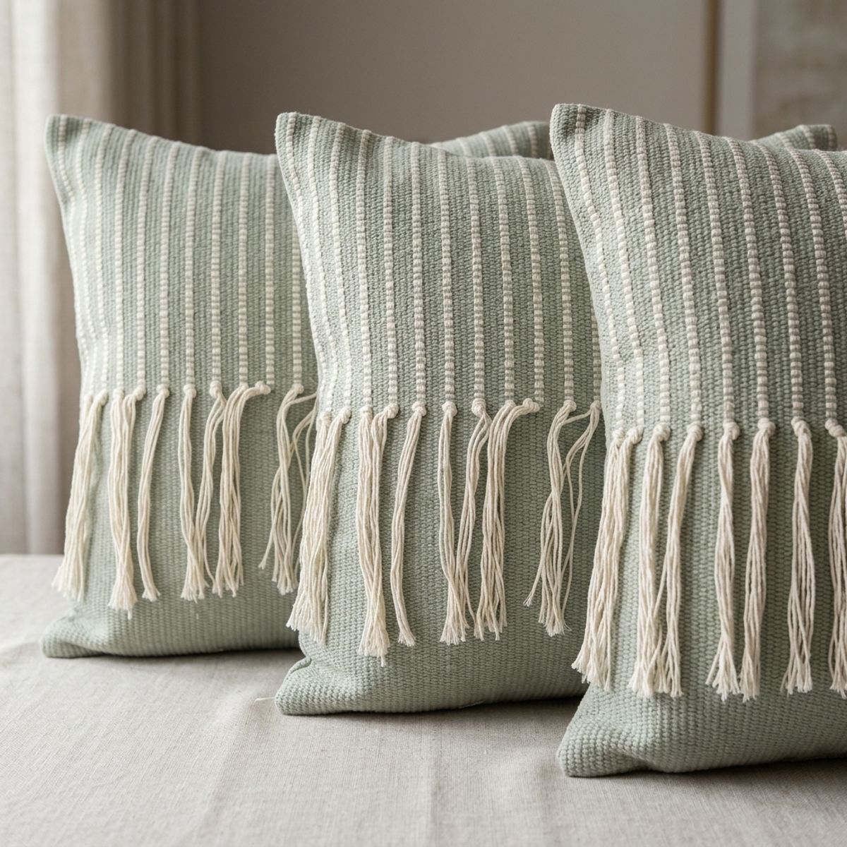 ARMONIA - Pack 3 Fundas Cojín Croché Flecos Verde 45x45 Decoración Living 608