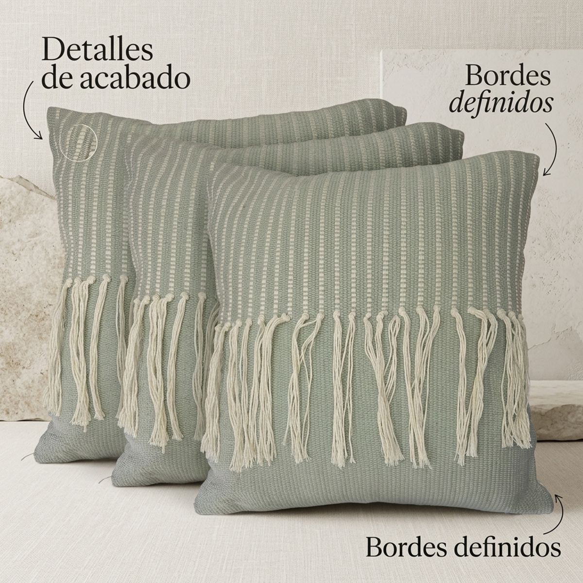 ARMONIA - Pack 3 Fundas de Cojines Cuadradas Verde con Flecos Croché 45x45 608