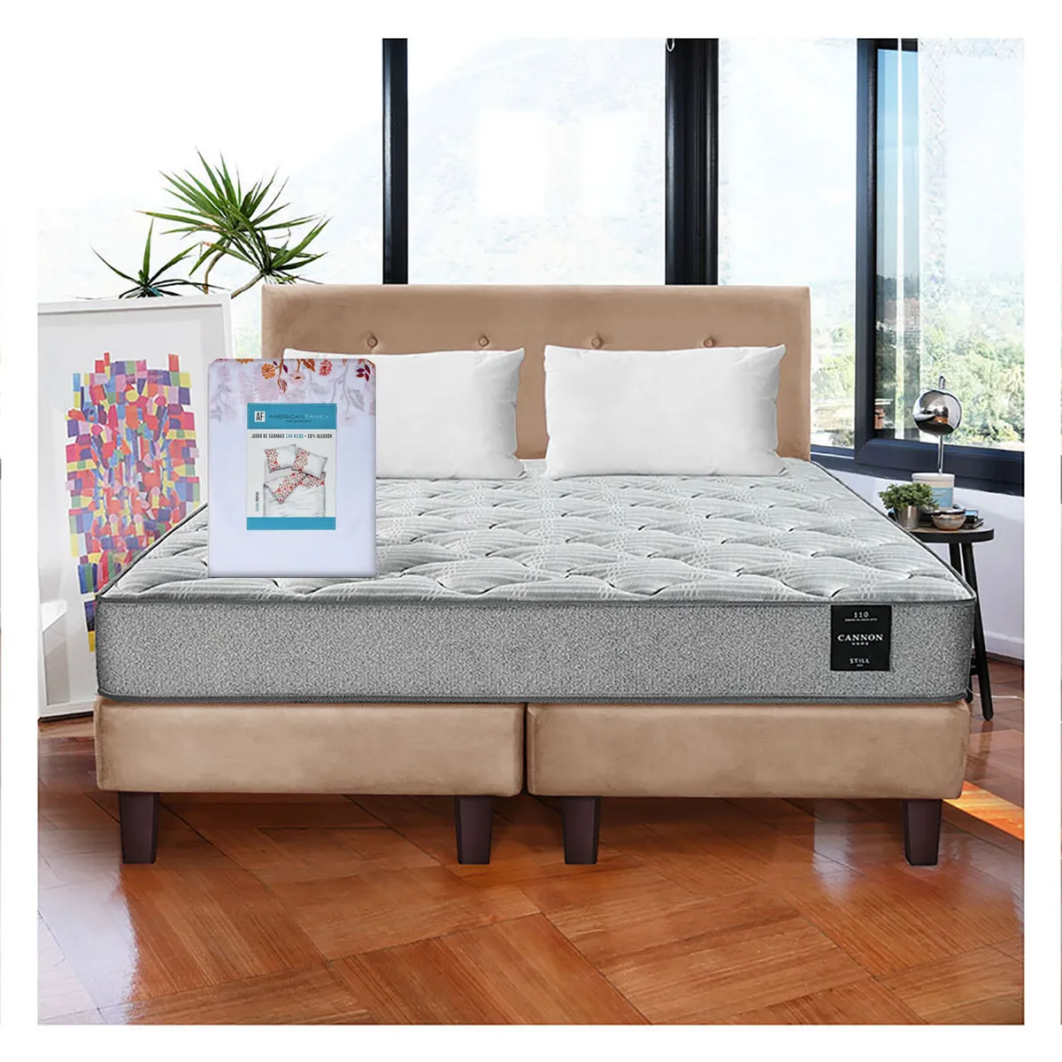 LATAM HOME - Combo Cama Cannon 2 Plazas Textil + Respaldo Tela Beige
