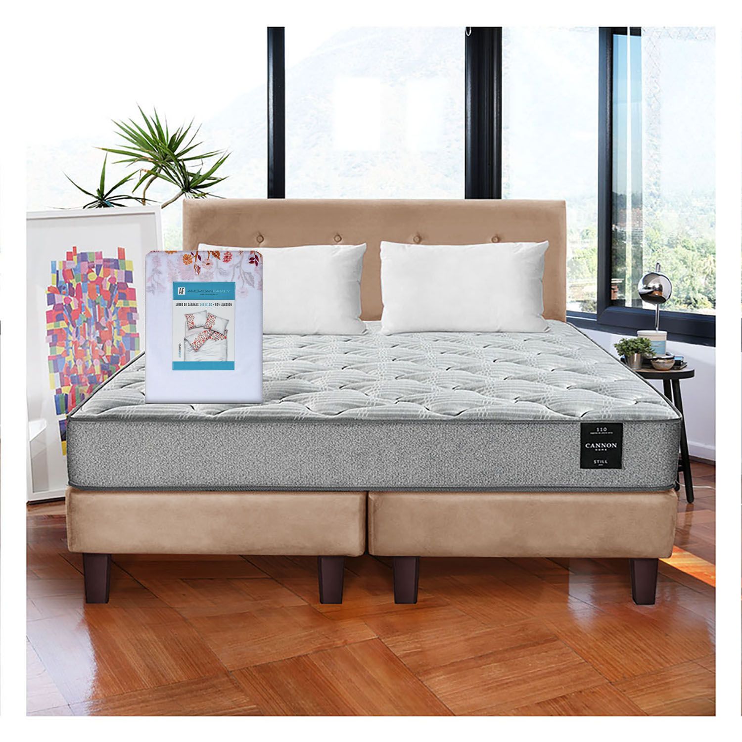 LATAM HOME Combo Cama Cannon 2 Plazas Textil + Respaldo Tela Beige