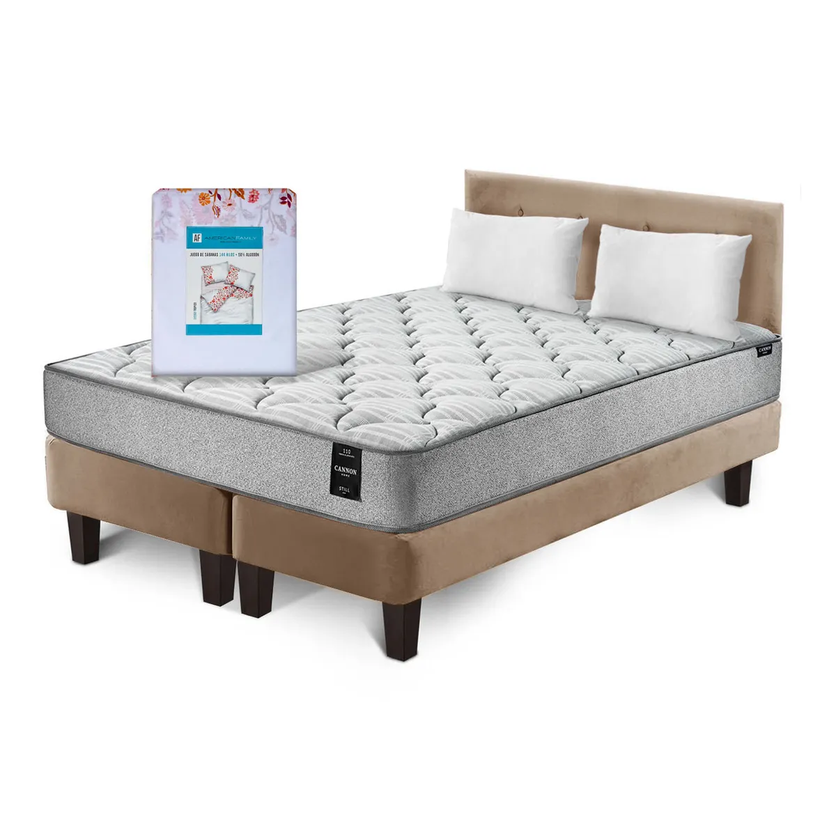 LATAM HOME - Combo Cama Cannon 2 Plazas Textil + Respaldo Tela Beige