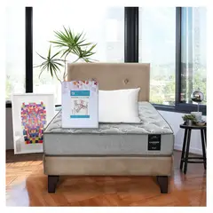 LATAM HOME - Combo Cama Cannon 1.5 Plaza Textil + Respaldo Tela Beige