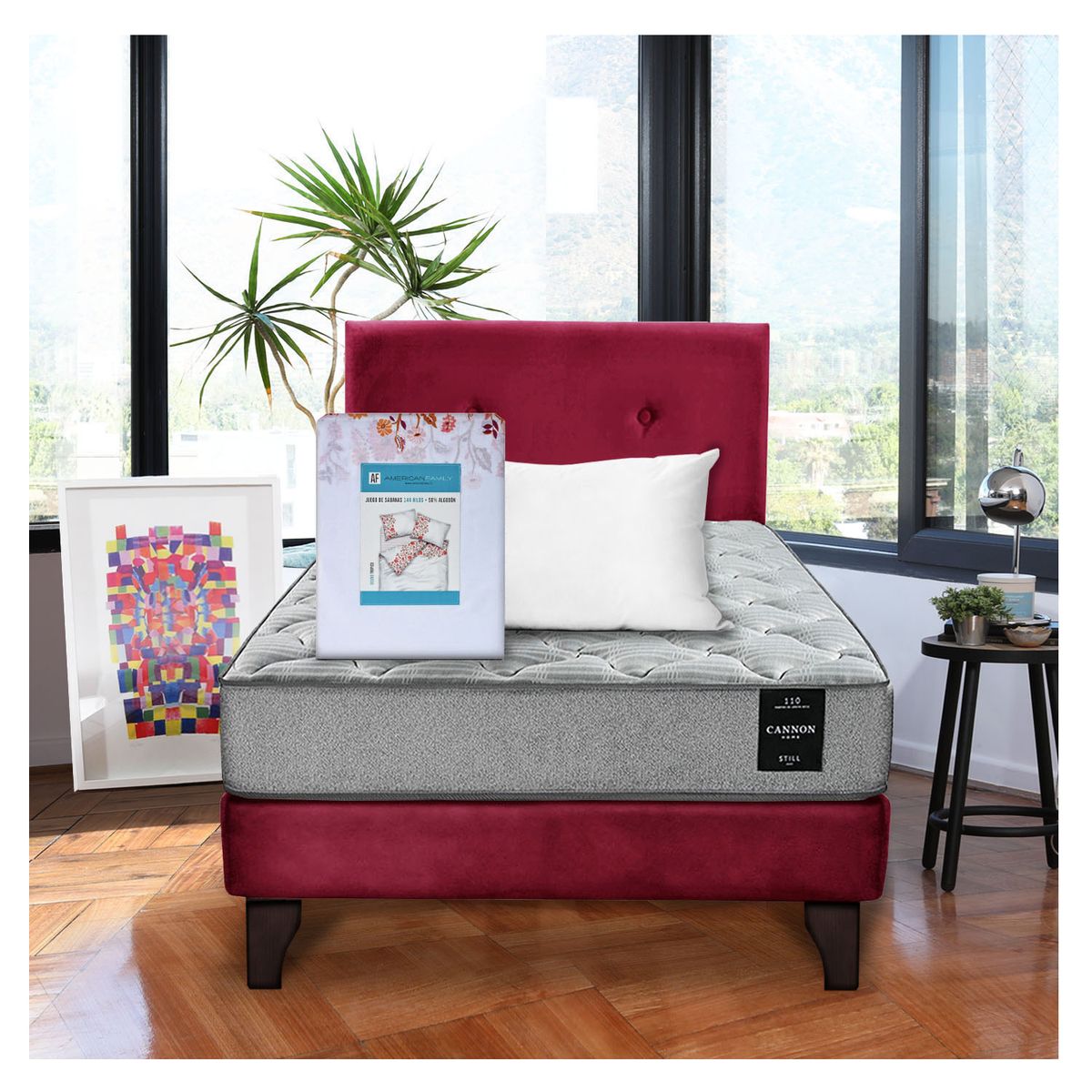 LATAM HOME - Combo Cama Cannon 1.5 Plaza Textil + Respaldo Tela Burdeo