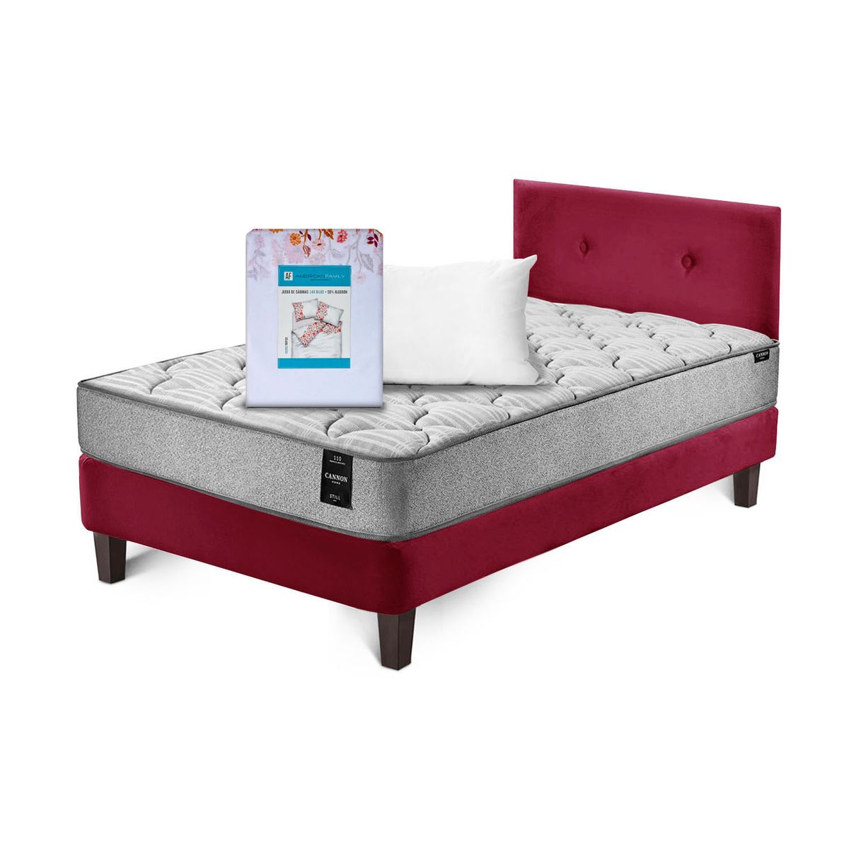 LATAM HOME - Combo Cama Cannon 1.5 Plaza Textil + Respaldo Tela Burdeo