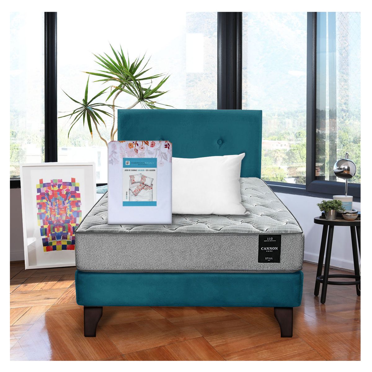 LATAM HOME - Combo Cama Cannon 1.5 Plaza Textil + Respaldo Tela Azul Petroleo