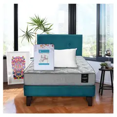 LATAM HOME - Combo Cama Cannon 1.5 Plaza Textil + Respaldo Tela Azul Petroleo