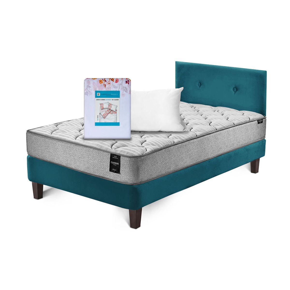 LATAM HOME - Combo Cama Cannon 1.5 Plaza Textil + Respaldo Tela Azul Petroleo