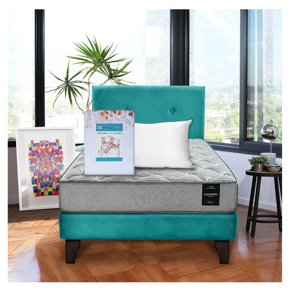 LATAM HOME - Combo Cama Cannon 1.5 Plaza Textil + Respaldo Tela Turquesa