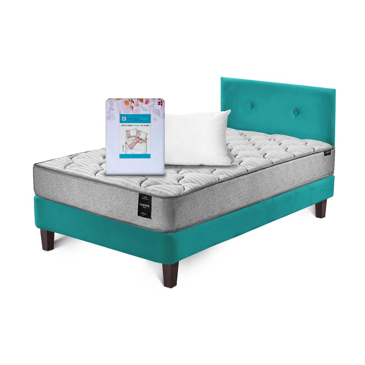 LATAM HOME - Combo Cama Cannon 1.5 Plaza Textil + Respaldo Tela Turquesa