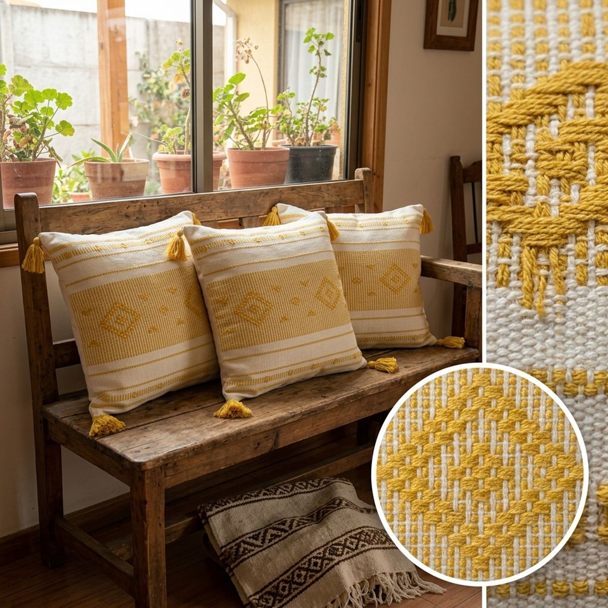 ARMONIA - Pack 3 Fundas Croche Borlas Amarillo 750 Fundas de Cojín Decorativas Suave