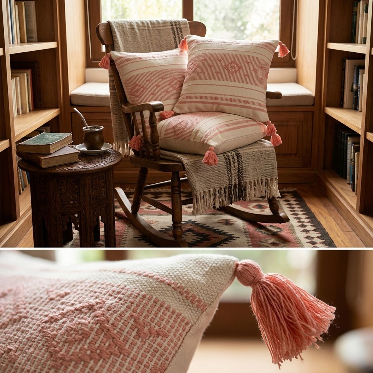 ARMONIA - Pack 3 Fundas Croche Borlas Rosa 750 Calidad Superior Diseño Living