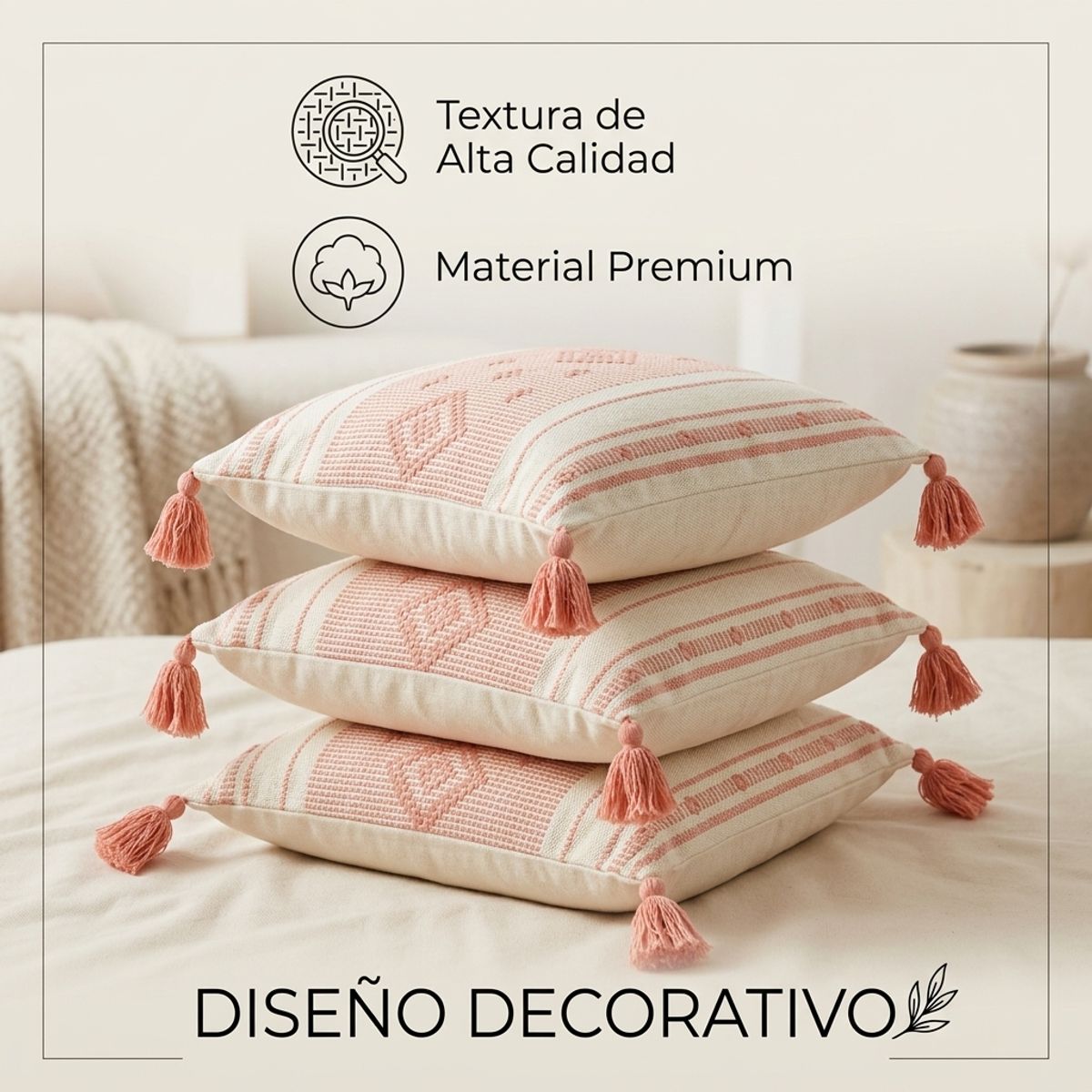 ARMONIA - Pack 3 Fundas Croche Borlas Rosa 750 Decorativo Living Comedor Moderno