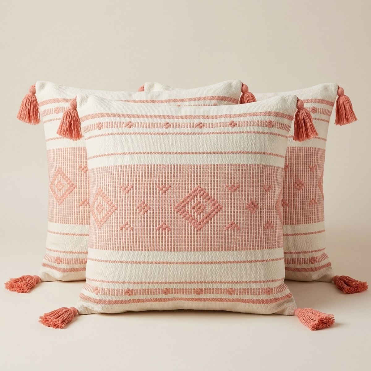ARMONIA - Pack 3 Fundas Croche Borlas Rosa 750 Decorativo Living Comedor Moderno