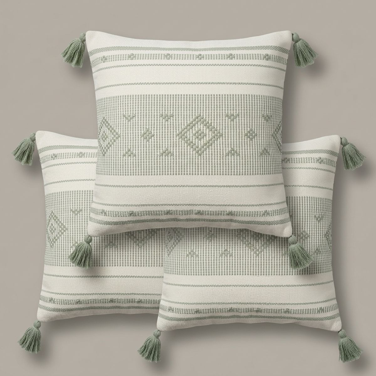 ARMONIA - Pack 3 Fundas Croche Borlas Verde 750 Textil Suave Diseño Moderno
