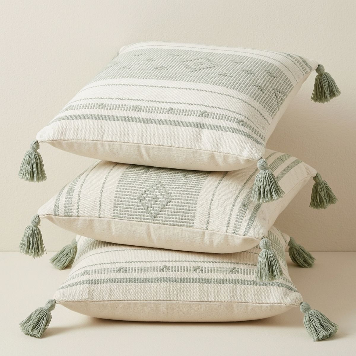 ARMONIA - Pack 3 Fundas Croche Borlas Verde 750 Textil Suave Diseño Moderno
