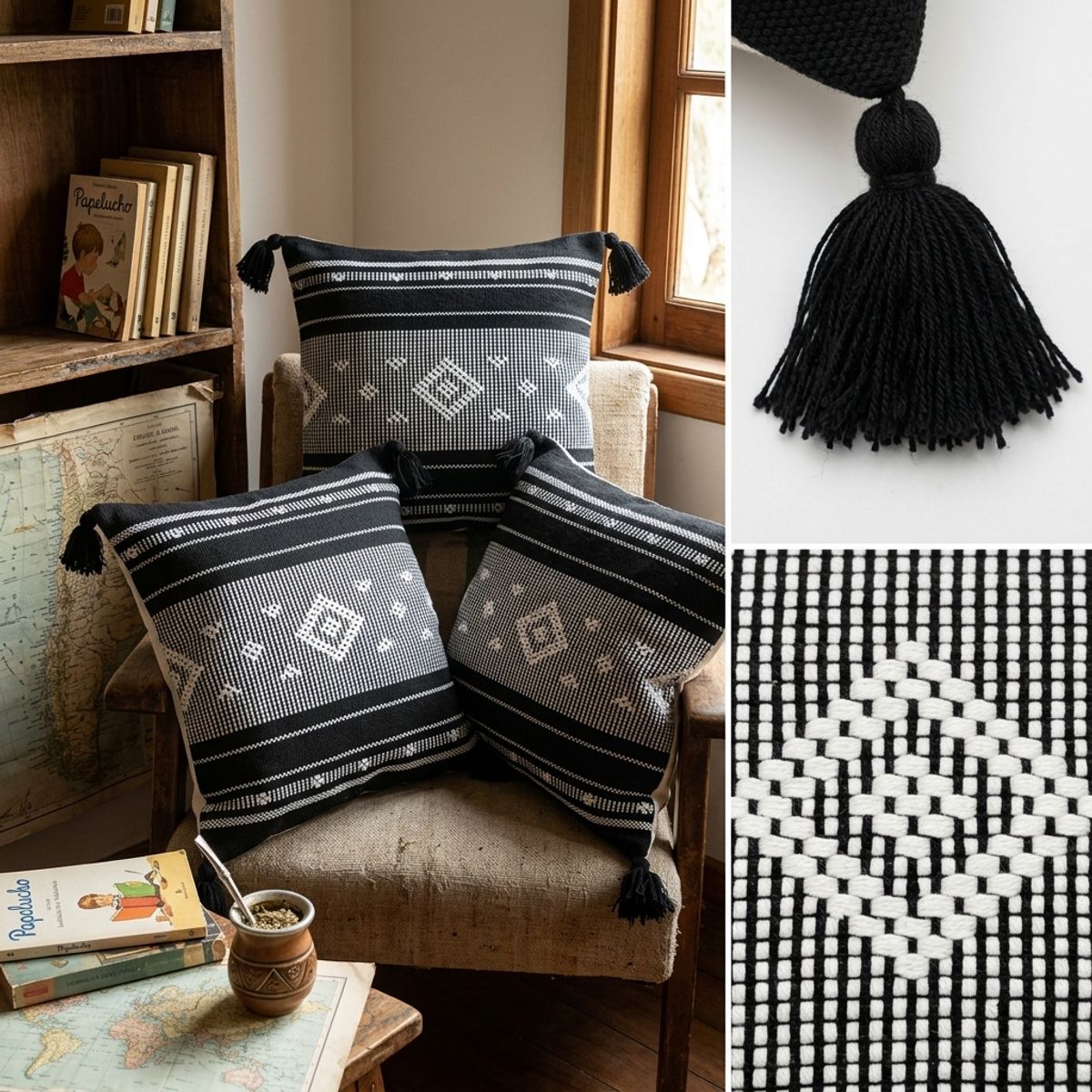 ARMONIA - PACK 3 FUNDAS CROCHE BORLAS NEGRO 750 Suave Calidad Premium Decorativo para Dormitorio