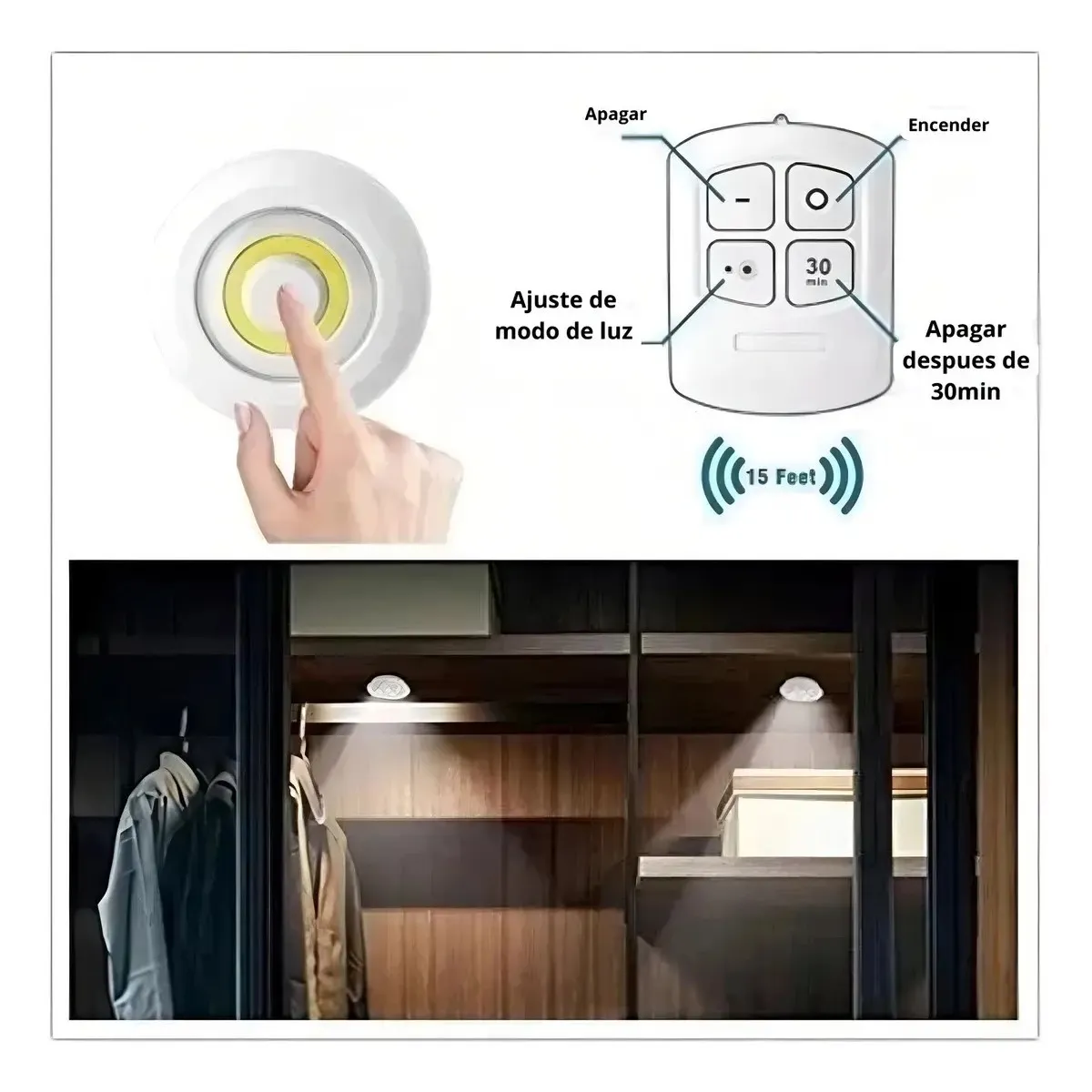 GENERICO - Kit De 3 Lámparas, Foco Led, Inalámbrico, Mando A Distancia, Color Blanco BELUG