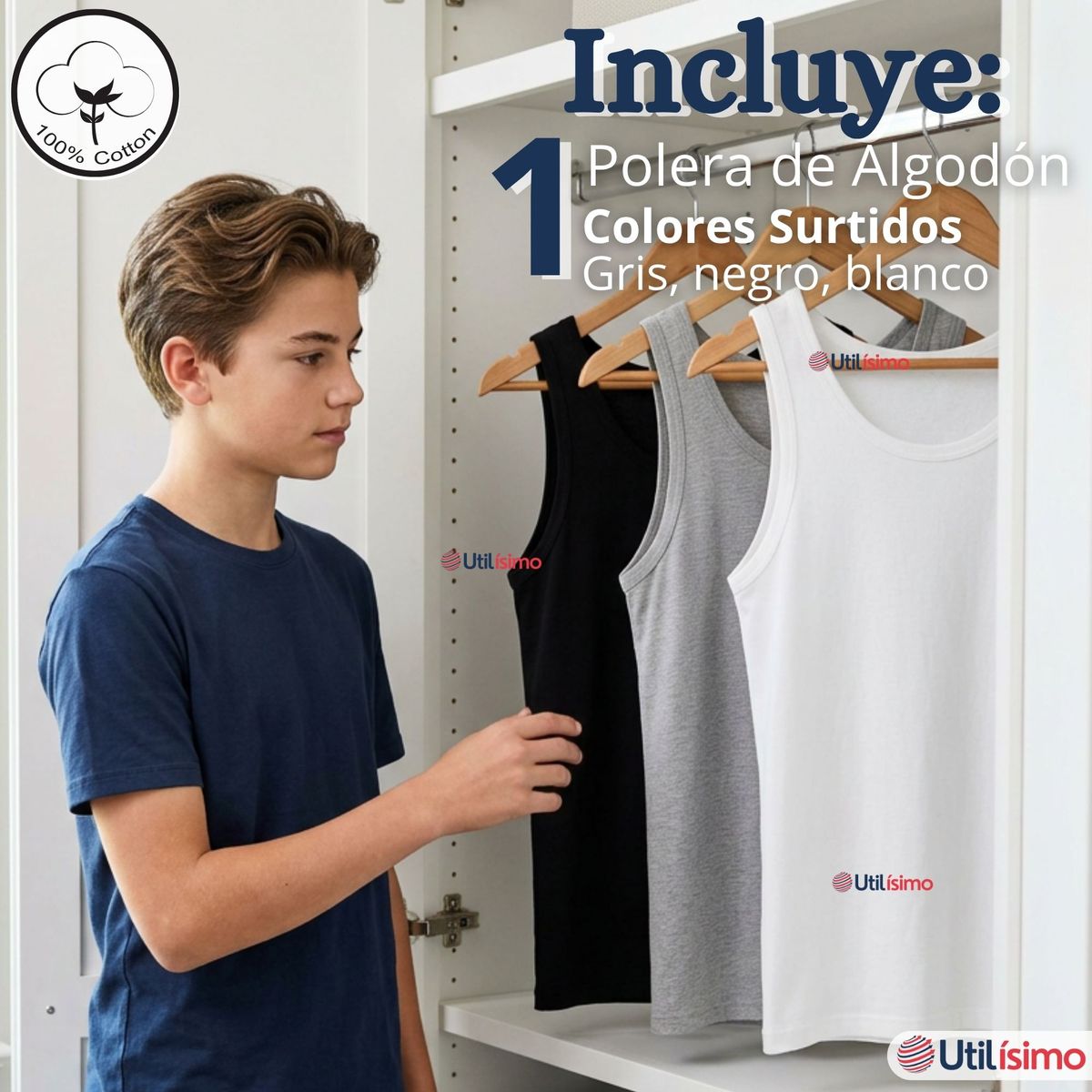 UTILISIMO - Camiseta Polera Algodón Primera Capa Basica Sin Manga Colores Surtidos Niño