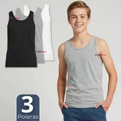 UTILISIMO - Pack 3 Camisetas Poleras Algodón Primera Capa Basica Sin Manga Colores Surtidos Niño