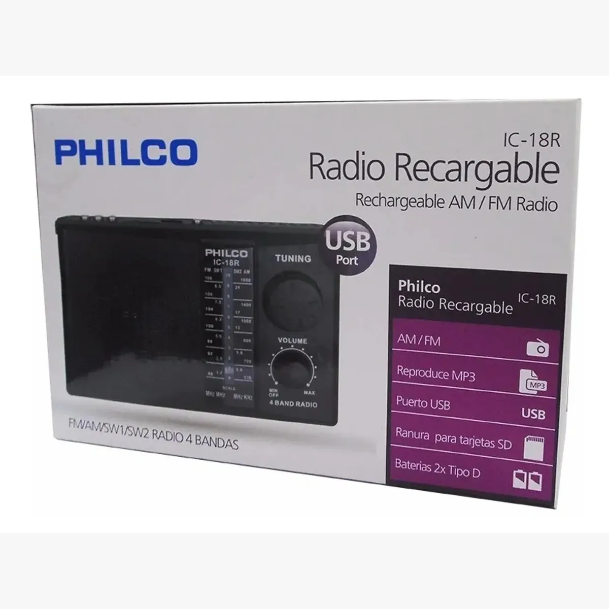 PHILCO - Radio Portatil Philco Fm Am Sw1 Sw2 Mp3 Usb Sd Color Negro