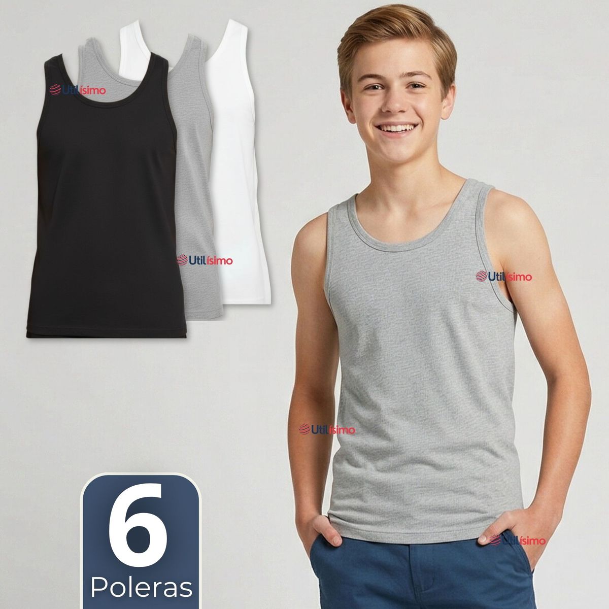 UTILISIMO - Pcak 6 Camisetas Poleras Algodón Primera Capa Basica Sin Manga Colores Surtidos Niño