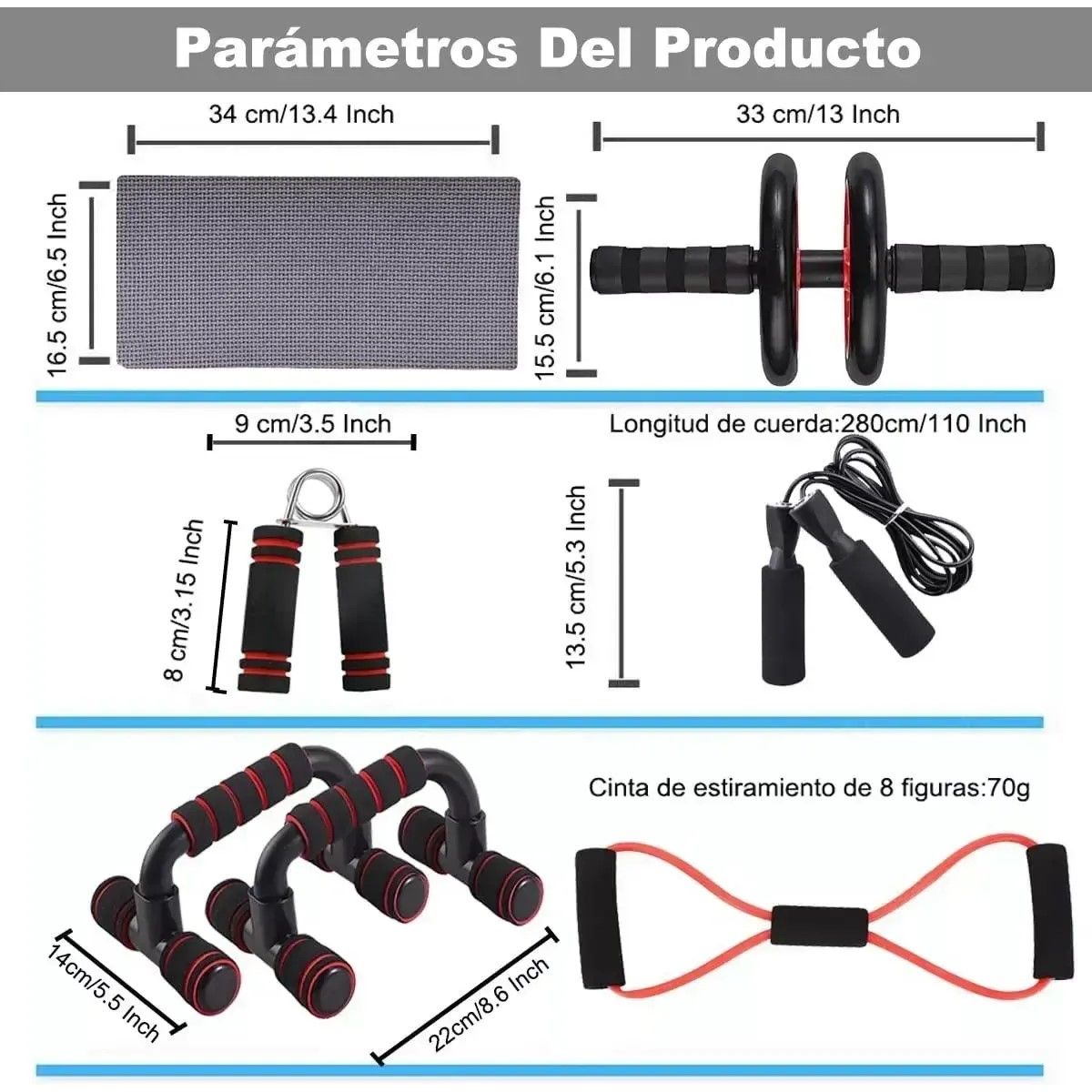 GENERICO - Kit Ejercicio 7 Rodillo Abdominal Barras Push-up Ejercitador Negro BELUG