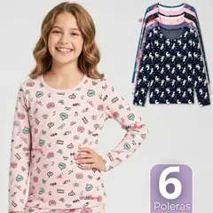 UTILISIMO - Pack 6 Camisetas Poleras Polar Primera Capa Basica Pijama Manga Larga Diseños Surtidos Niña