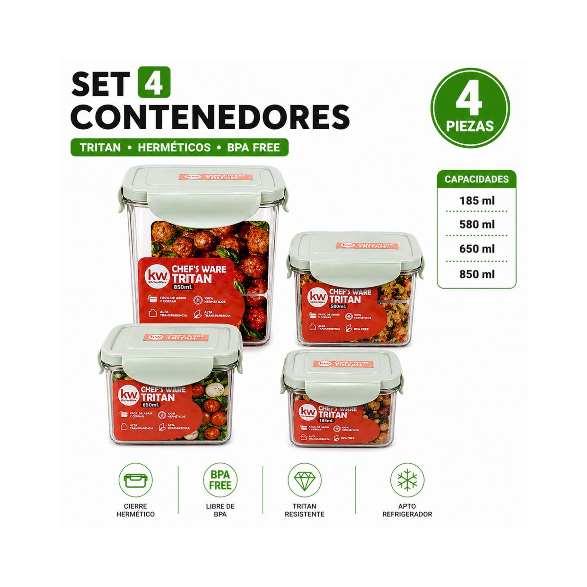 KITCHENWARE - SET 4 CONTENEDORES HERMÉTICOS TRITAN BPA FREE