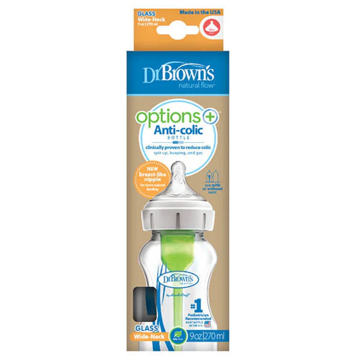 DR BROWN'S - Mamadera de Vidrio Anticólicos Boca Ancha - 270ml - Dr. Browns